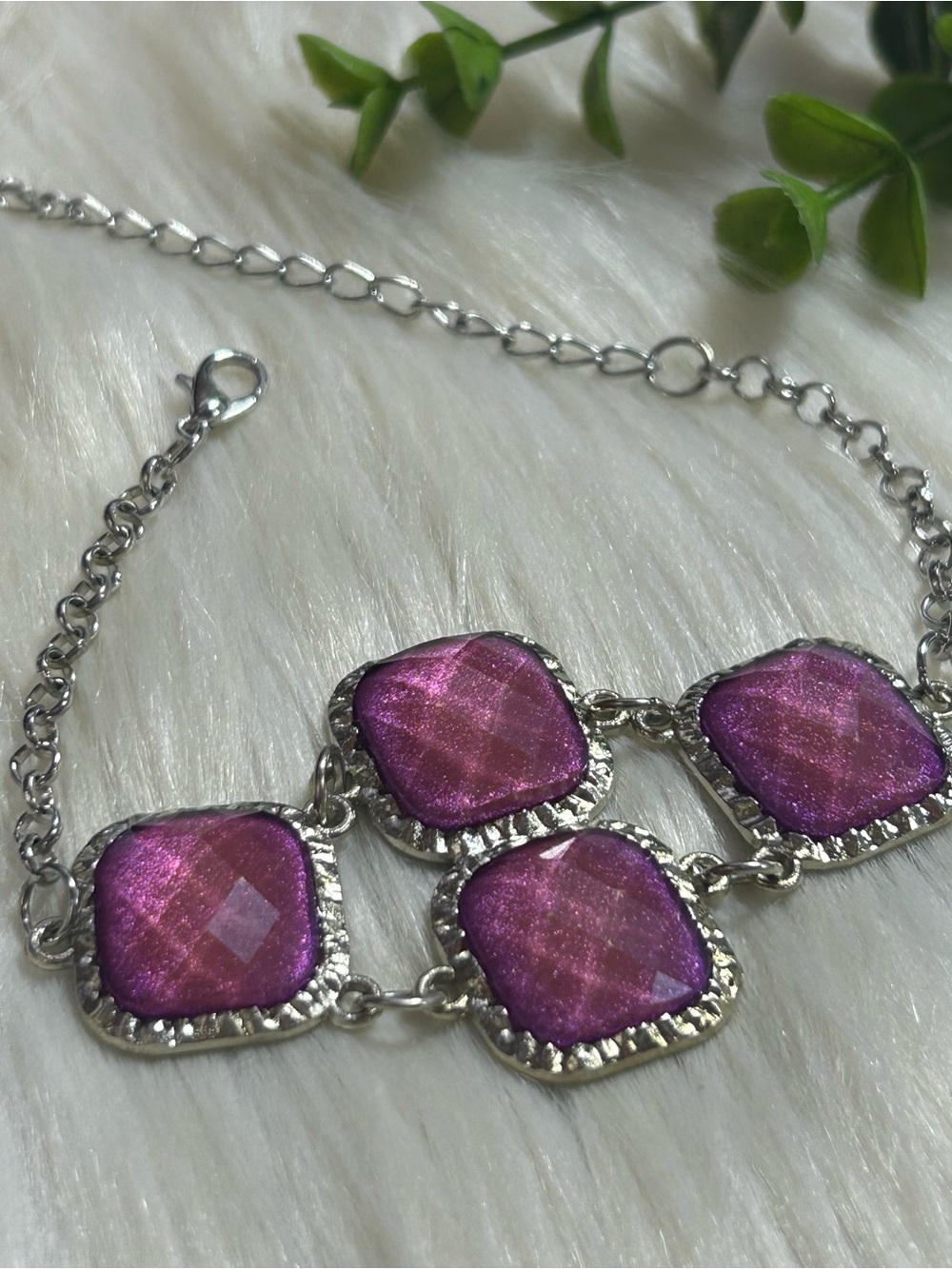 Purple pink square acrylic statement silver tone bracelet
